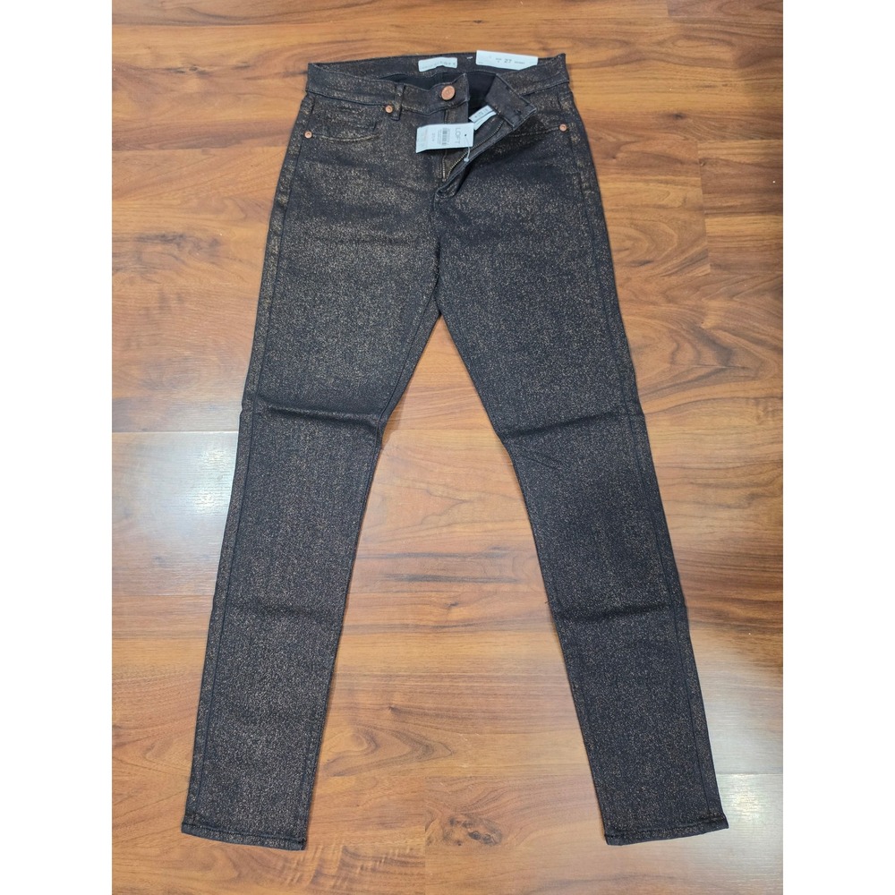 NWT LOFT Skinny Jeans 27/4 Black Gold Metallic Shimmer Coated Slim Ankle Pants